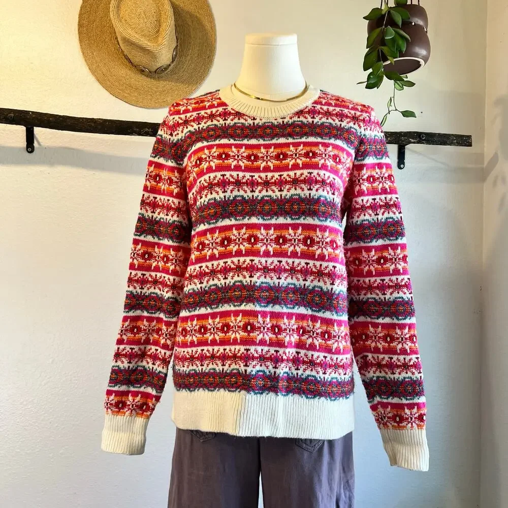 LOFT Pink Cotton Wool Woven Chunky Knit Pullover Crewneck Sweater Size Medium